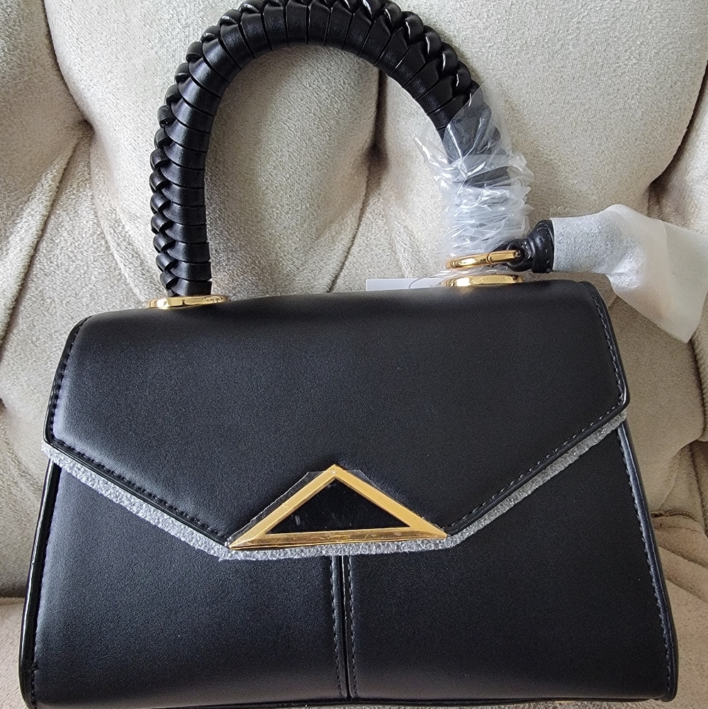 Aldo Women's Textured Top Handle Black Handbag with Gold Accents